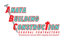 Logo for Anaya Building Construction, red and teal text with a nail through the letters.
