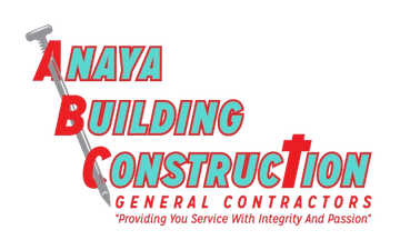 Logo for Anaya Building Construction, red and teal text with a nail through the letters.