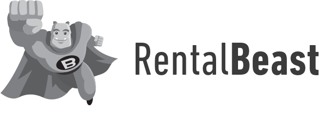 A black and white logo for rental beast with a superhero in a cape.