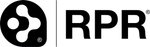 A black and white logo for rpr on a white background