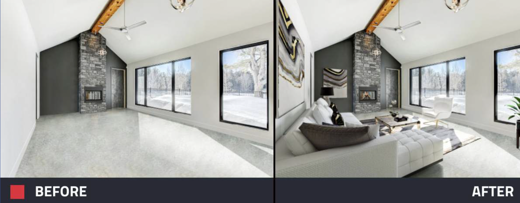 A before and after photo of a living room with a couch and a fireplace.