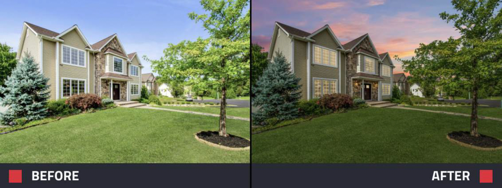 A before and after picture of a house with a sunset in the background.