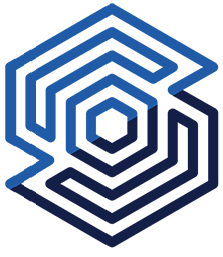 A blue and white labyrinth shaped like a hexagon on a white background.