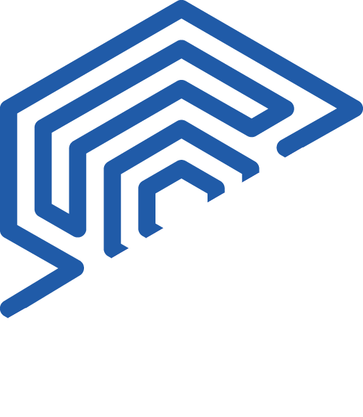 A blue and white labyrinth on a white background.