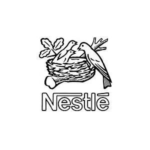 Un logo Nestlé con due uccelli in un nido.