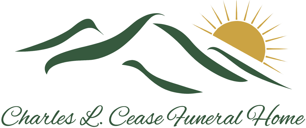 Logo for Charles L. Cease Funeral Home, featuring green mountains, a golden sun, and script text.