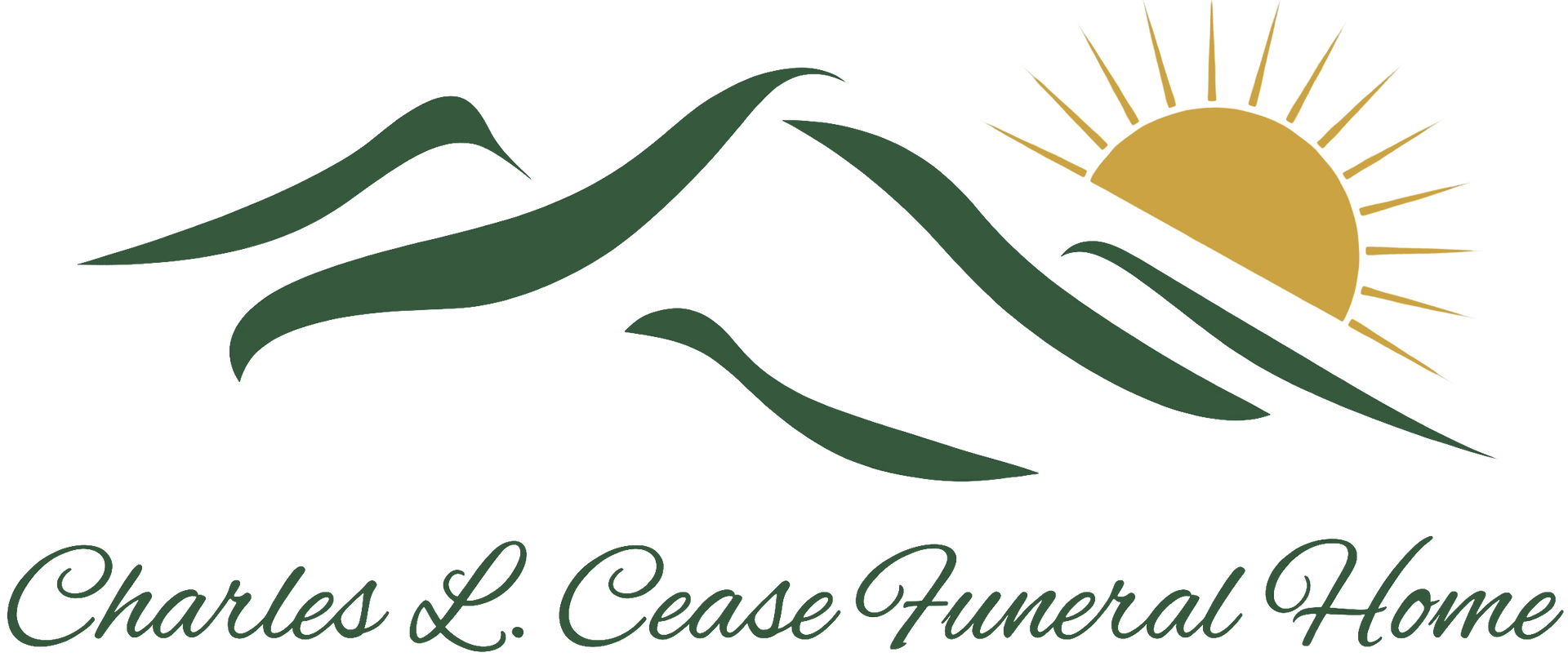 Logo for Charles L. Cease Funeral Home, featuring green mountains, a golden sun, and script text.