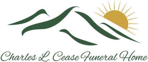 Logo for Charles L. Cease Funeral Home, featuring green mountains, a golden sun, and script text.