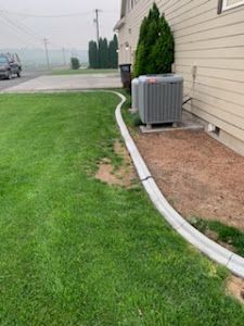 A lawn with a white hose going to the side of a house.