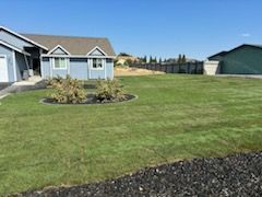 A blue house with a large lawn in front of it.