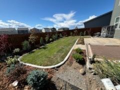 A backyard with a lush green lawn and a patio.