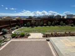 A backyard with a lush green lawn and a walkway leading to it.