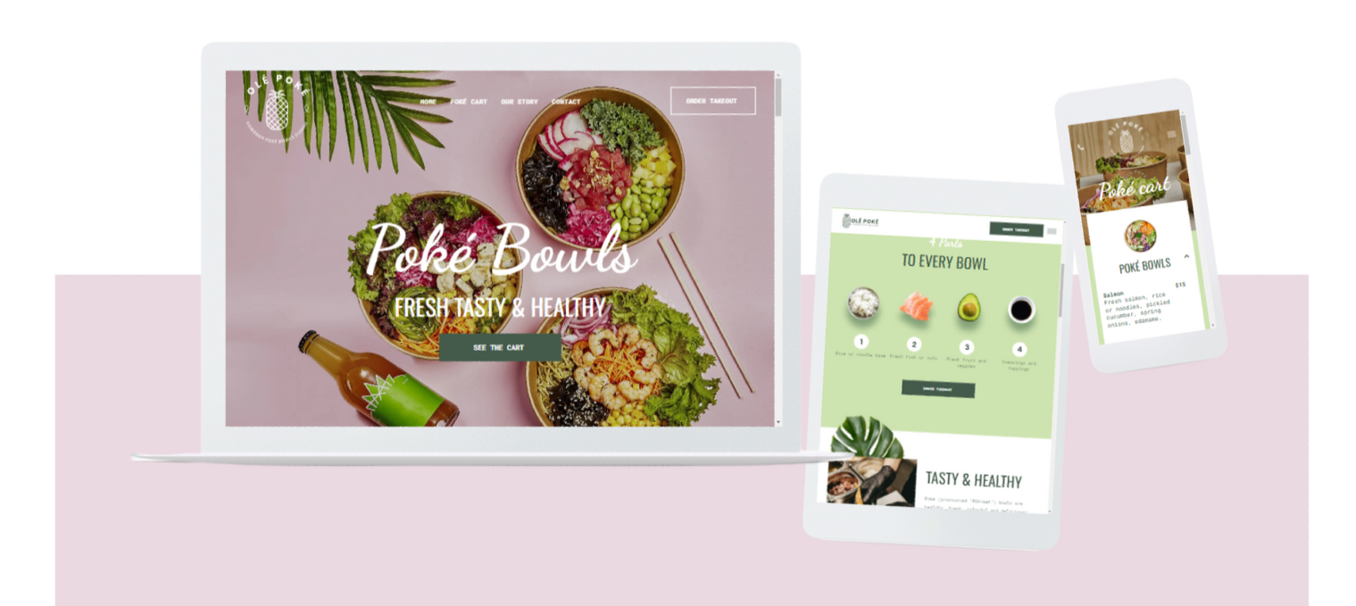 A laptop , tablet , and cell phone displaying a website for poke bowls.