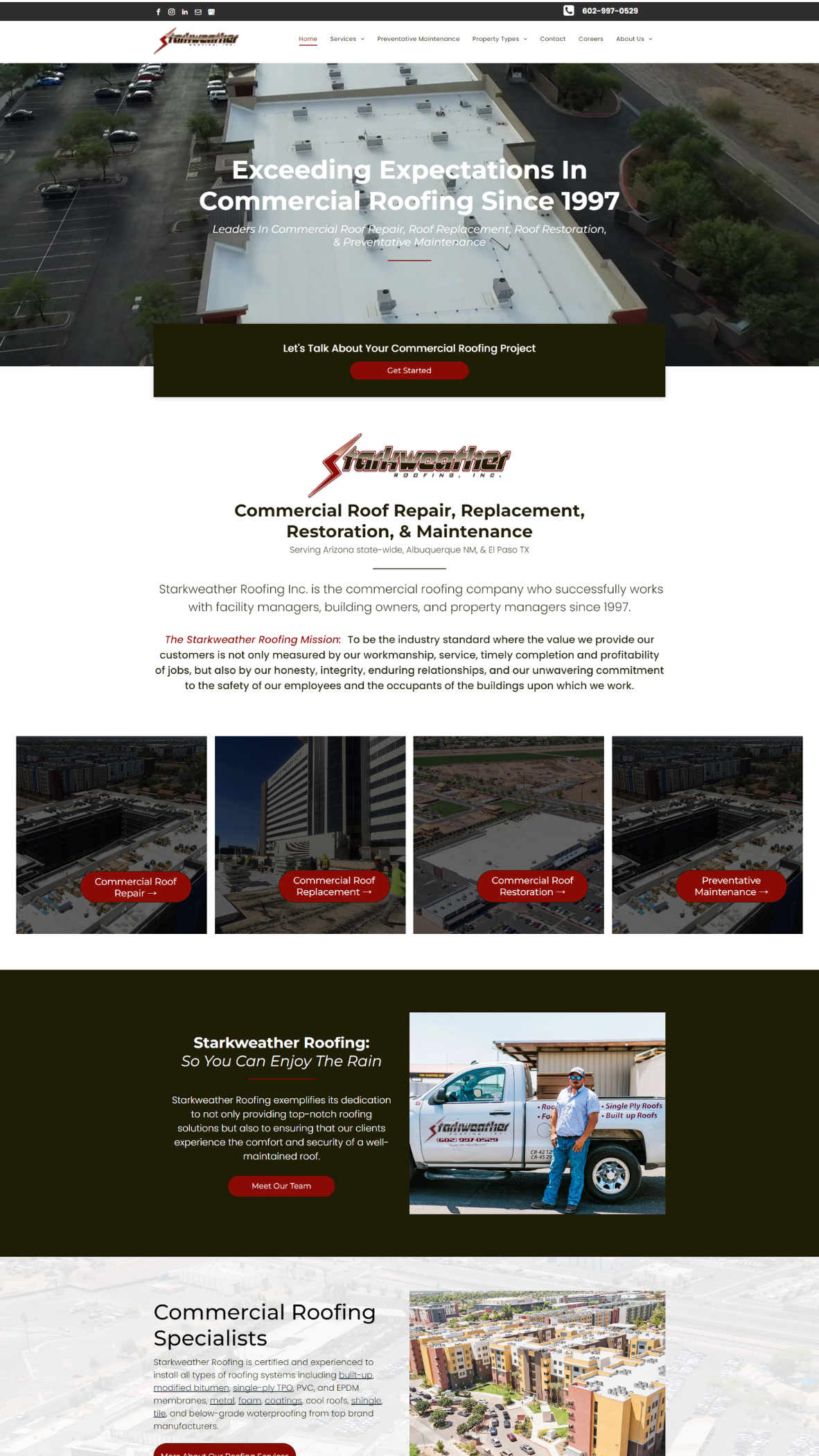 A screenshot of a website for a roofing company.