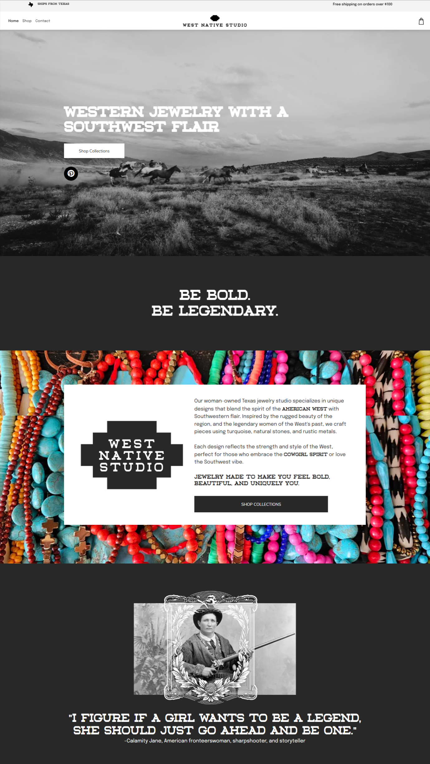 A website for western jewelry with a southwest flair