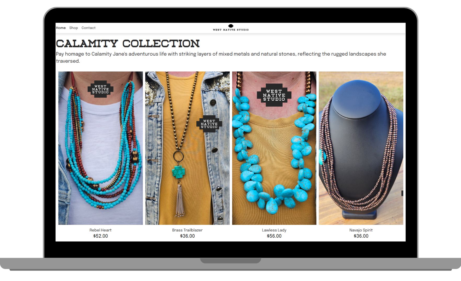 A laptop screen shows a collection of turquoise necklaces.