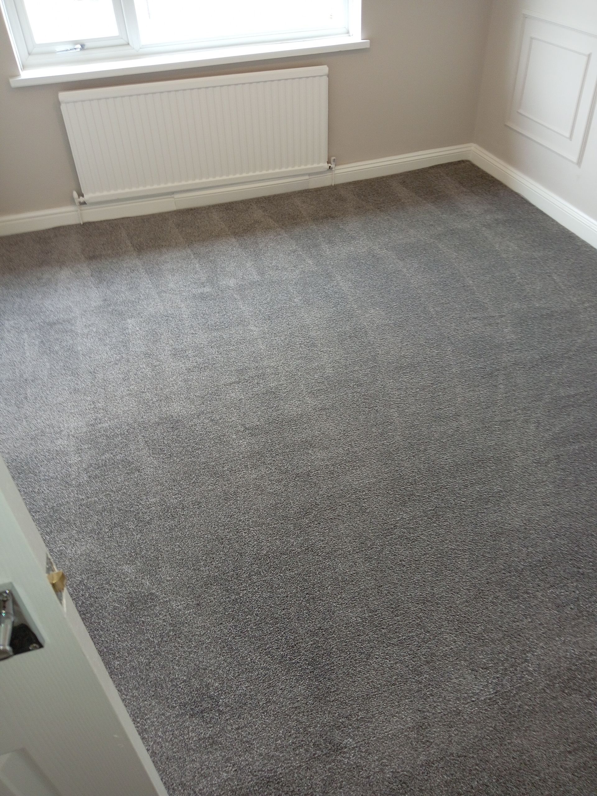 Gray carpeted room with a radiator under a window.