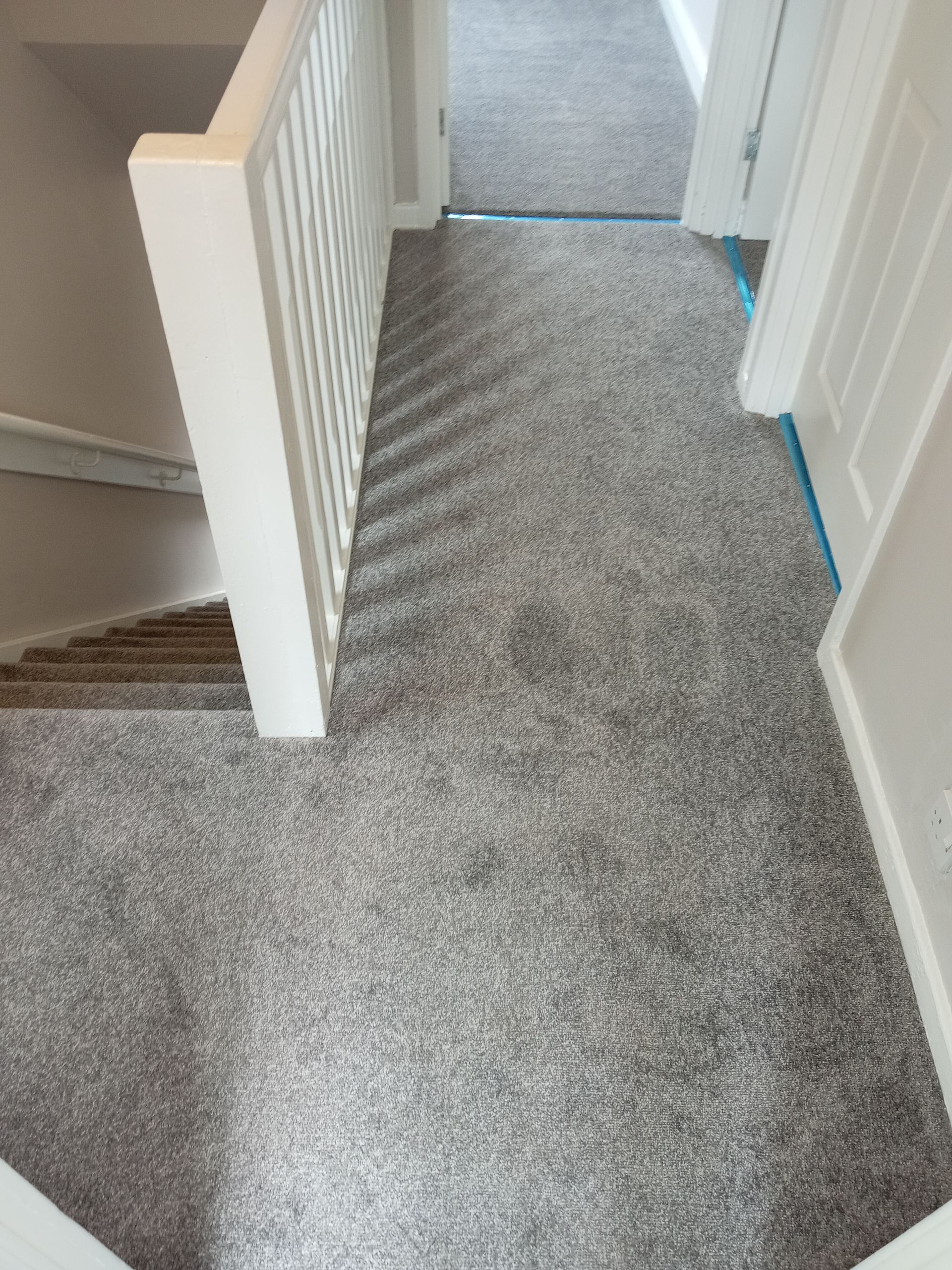 Gray carpeted hallway with a staircase on the left and a door on the right.