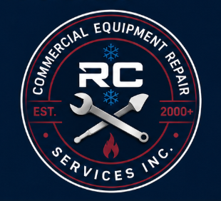RC Commercial Equipment Repair Services Inc. logo with crossed wrench and screwdriver on a dark blue background