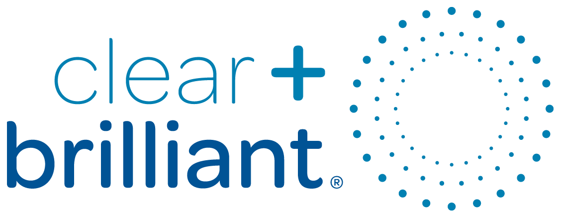 A logo for clear + brilliant with a circle of dots in the middle.