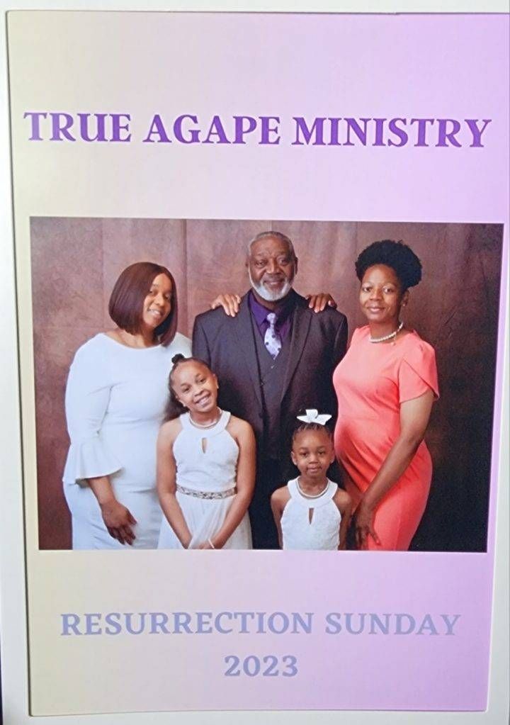 Family portrait for True Agape Ministry: group of six people, wearing formal attire, celebrating Resurrection Sunday 2023.