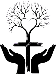 Hands cupping a cross with a tree crown shaped like a heart.