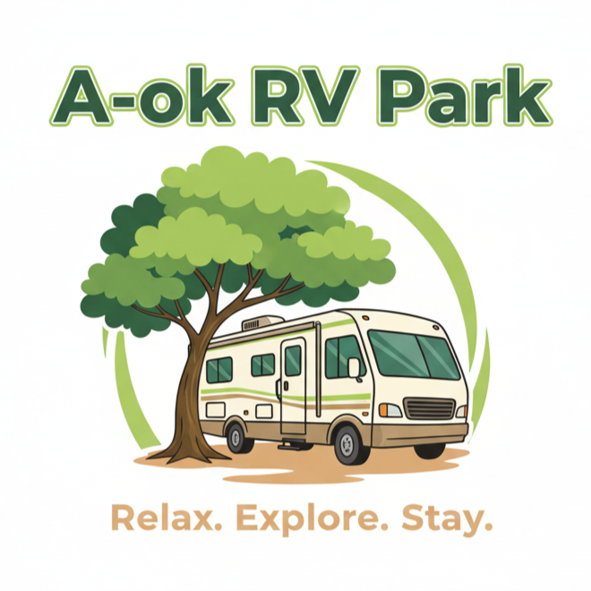 A-ok RV Park logo with a motorhome under a tree, surrounded by a green arc. Text: "Relax. Explore. Stay."