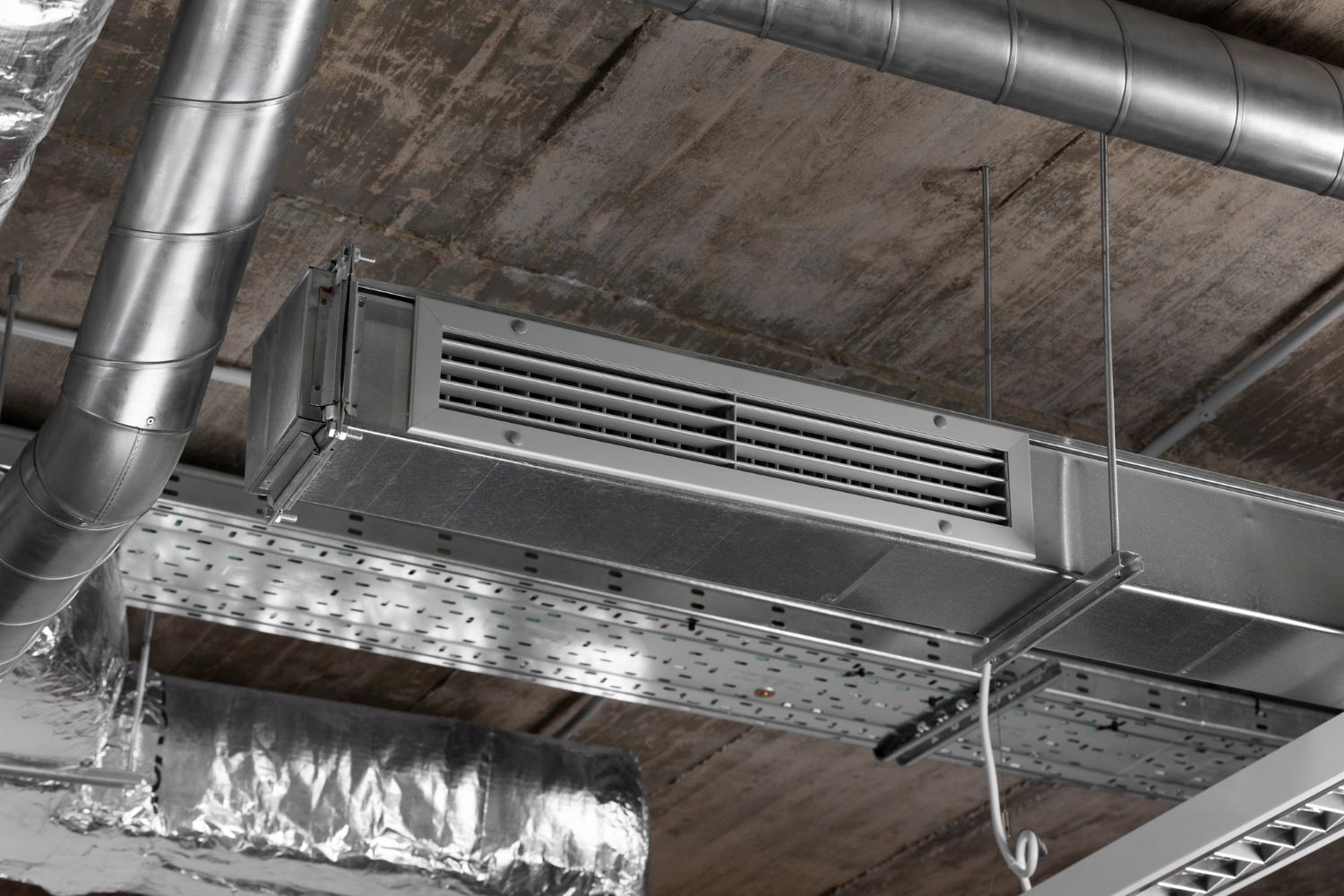 Industrial HVAC metal ventilation ducts and a vent mounted on an exposed concrete ceiling.