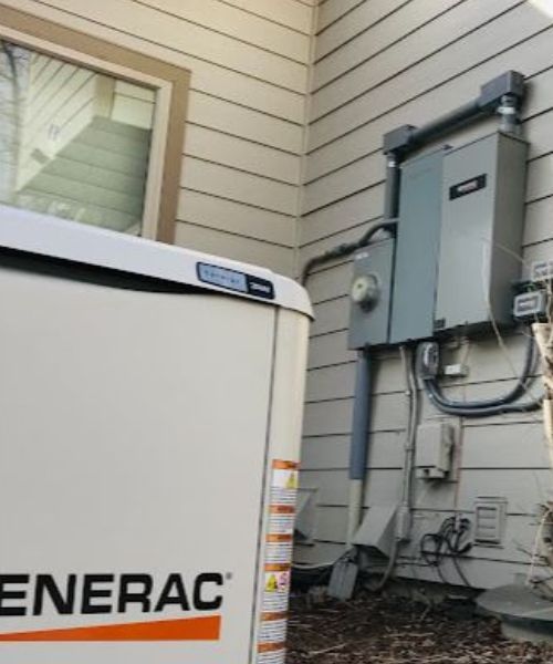 An enerac generator is sitting on the side of a house