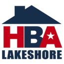 A blue and red logo for hba lakeshore