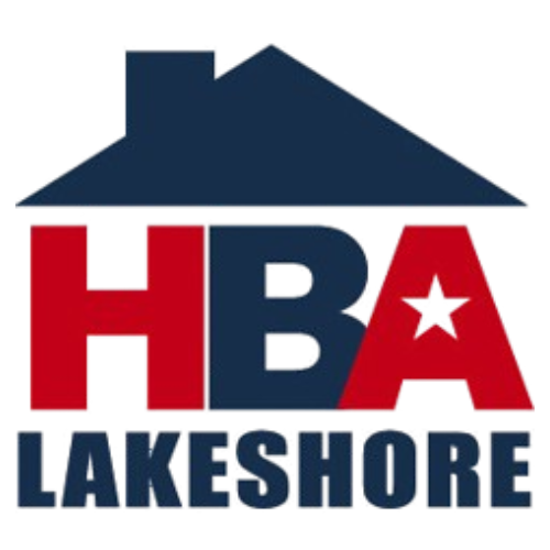 A blue and red logo for hba lakeshore