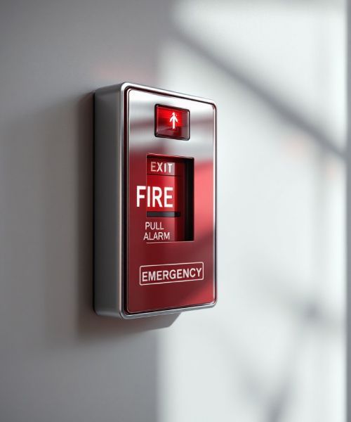 A red fire pull alarm is mounted on a wall