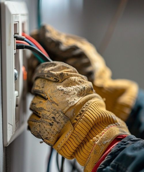 A person wearing gloves is plugging a wire into an outlet.