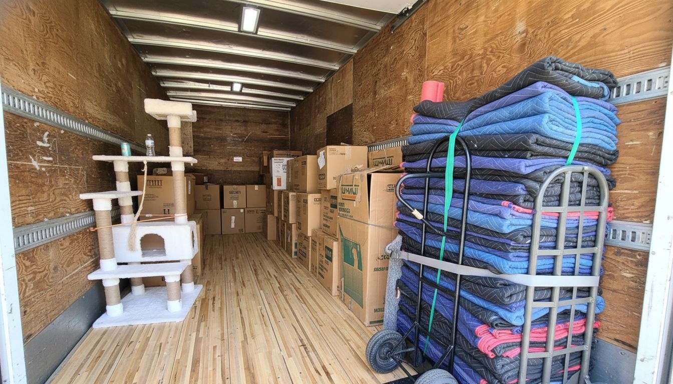 Inside a moving truck packed with cardboard boxes, a cat tree, and stacked blue mats on a hand truck.