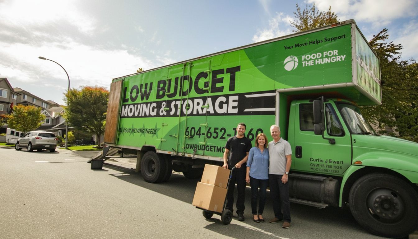 People pose with moving truck labeled 