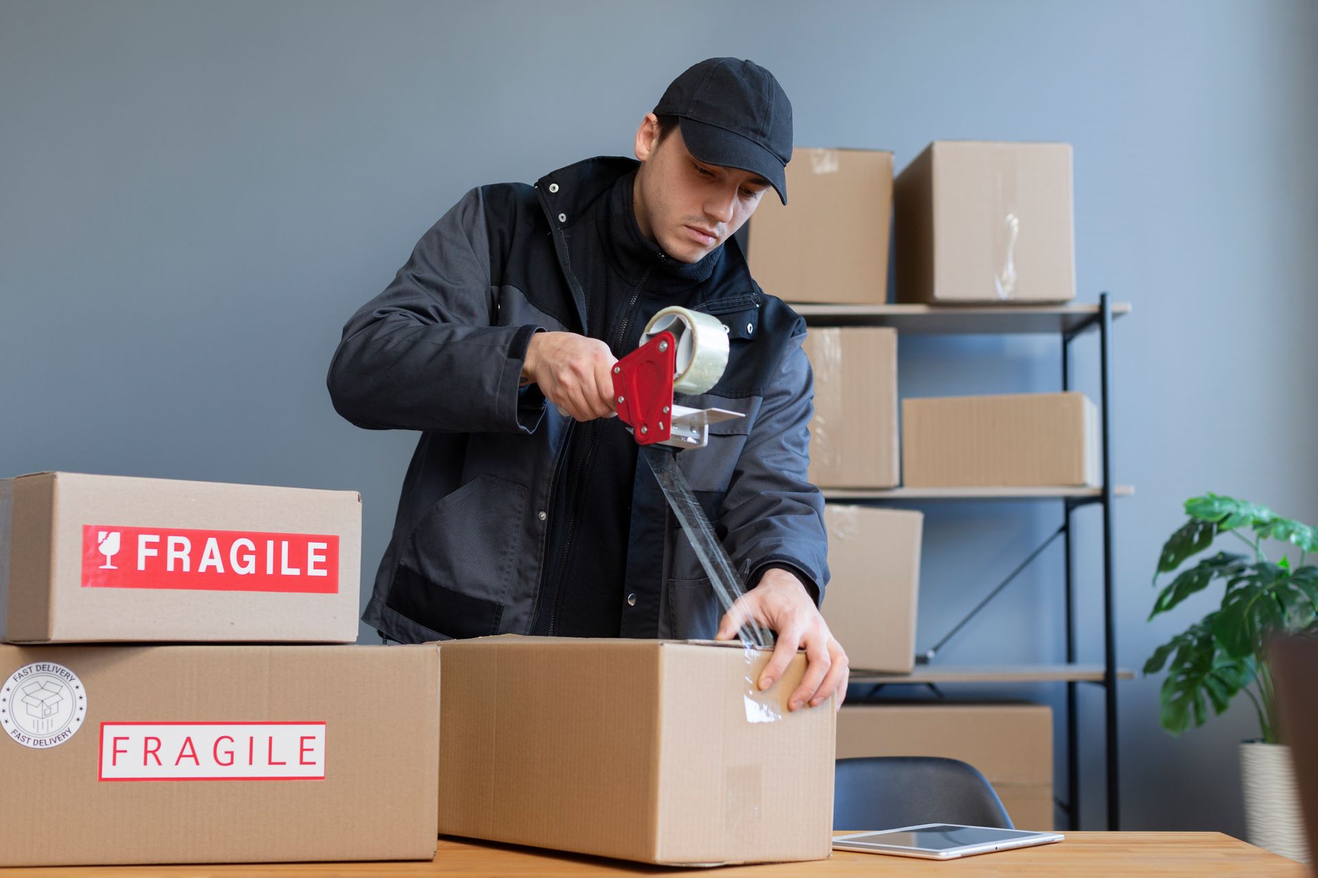 Man in black jacket tapes cardboard box, with other boxes on shelf,