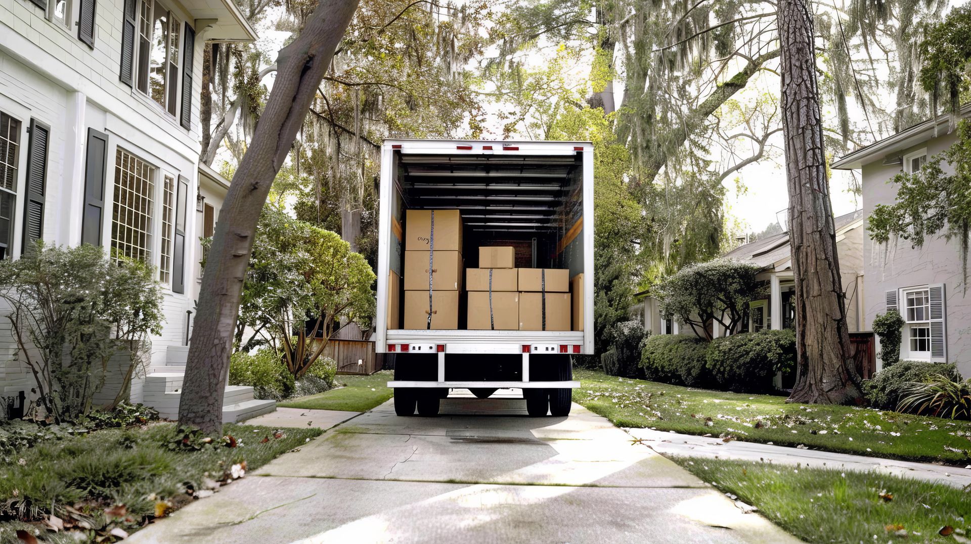 A moving truck is parked in a driveway next to a house.