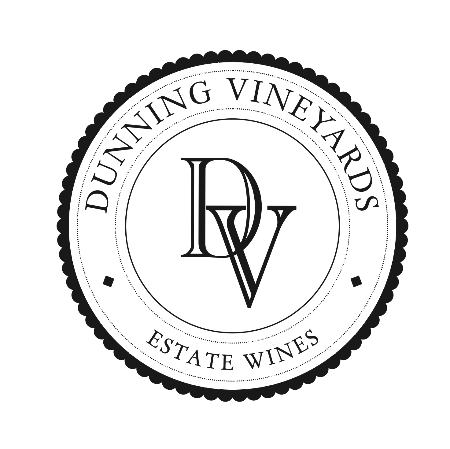 A black and white logo for dunning vineyards estate wines