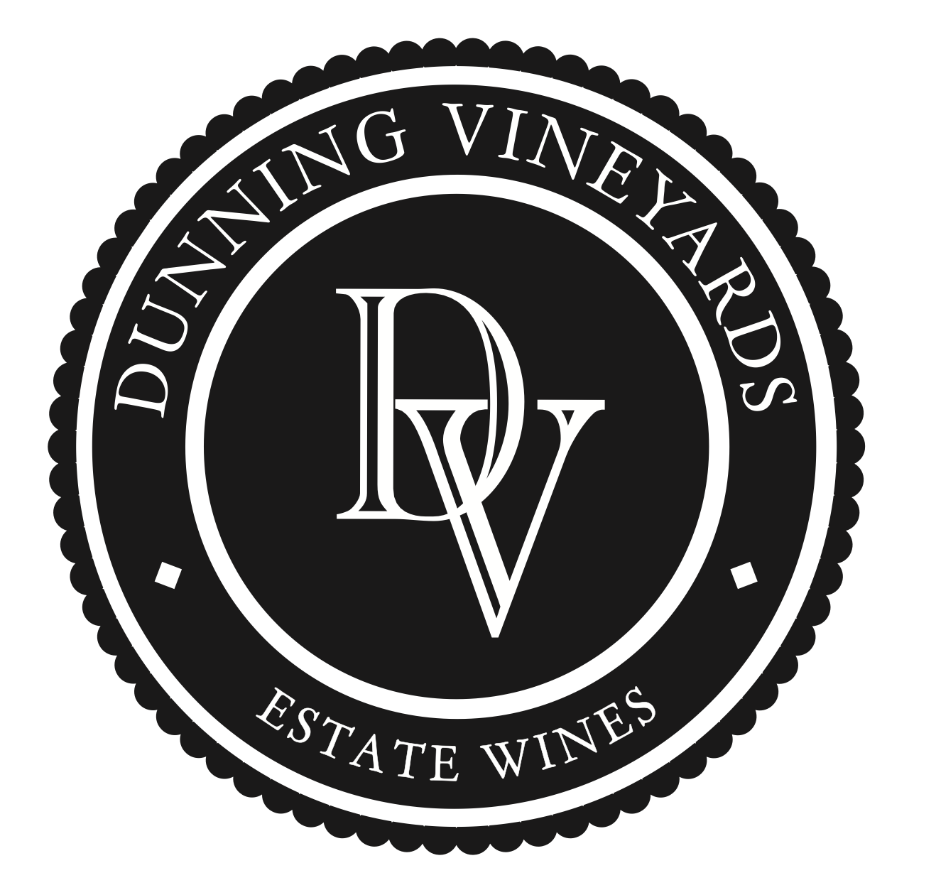 A black and white logo for dunning vineyards estate wines