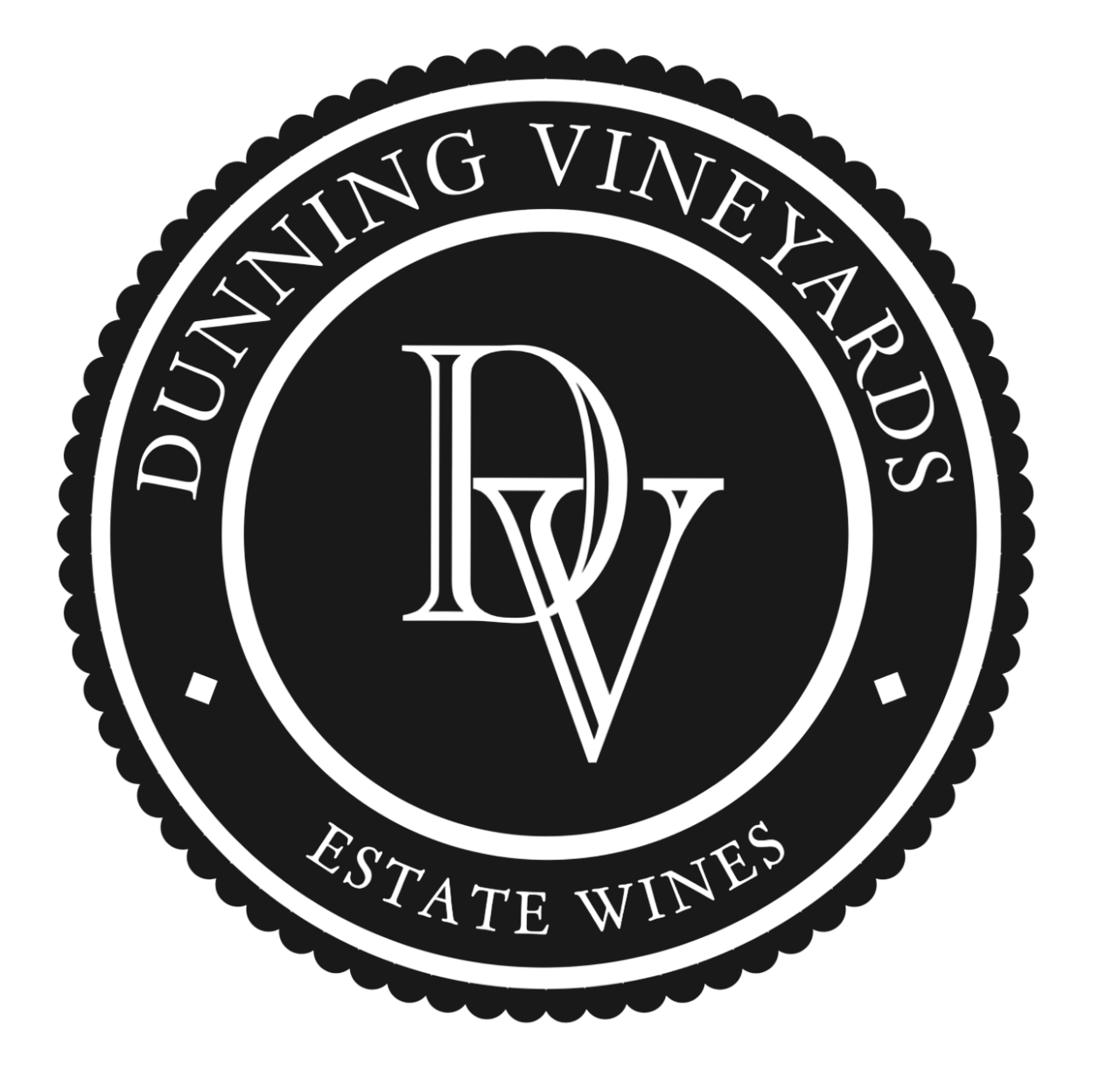 A black and white logo for dunning vineyards estate wines.