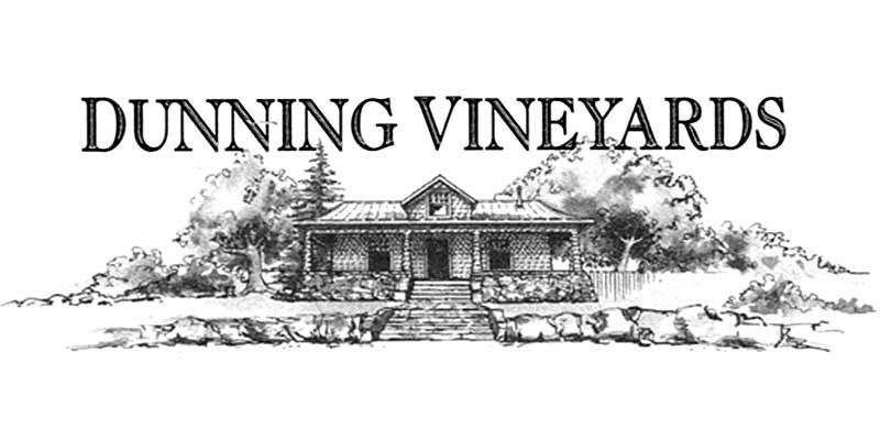 A black and white drawing of a house with the words dunning vineyards above it.