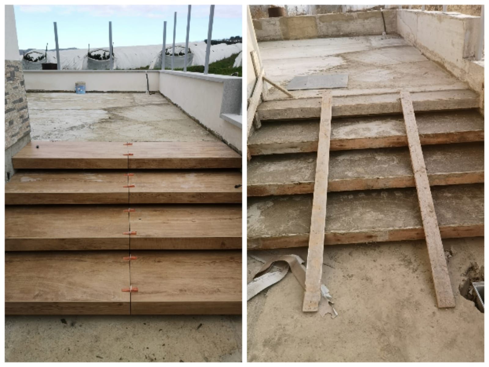 un primo piano di una scala in legno e un primo piano di una scala in cemento