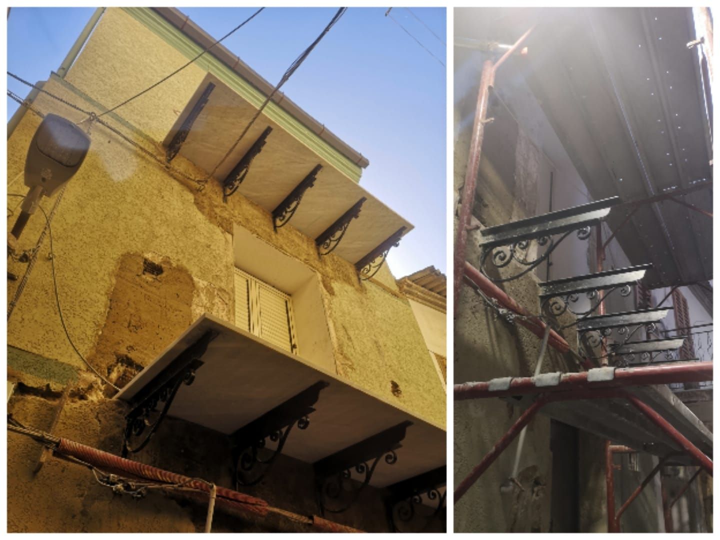 un primo piano di un balcone e un primo piano di un impalcature