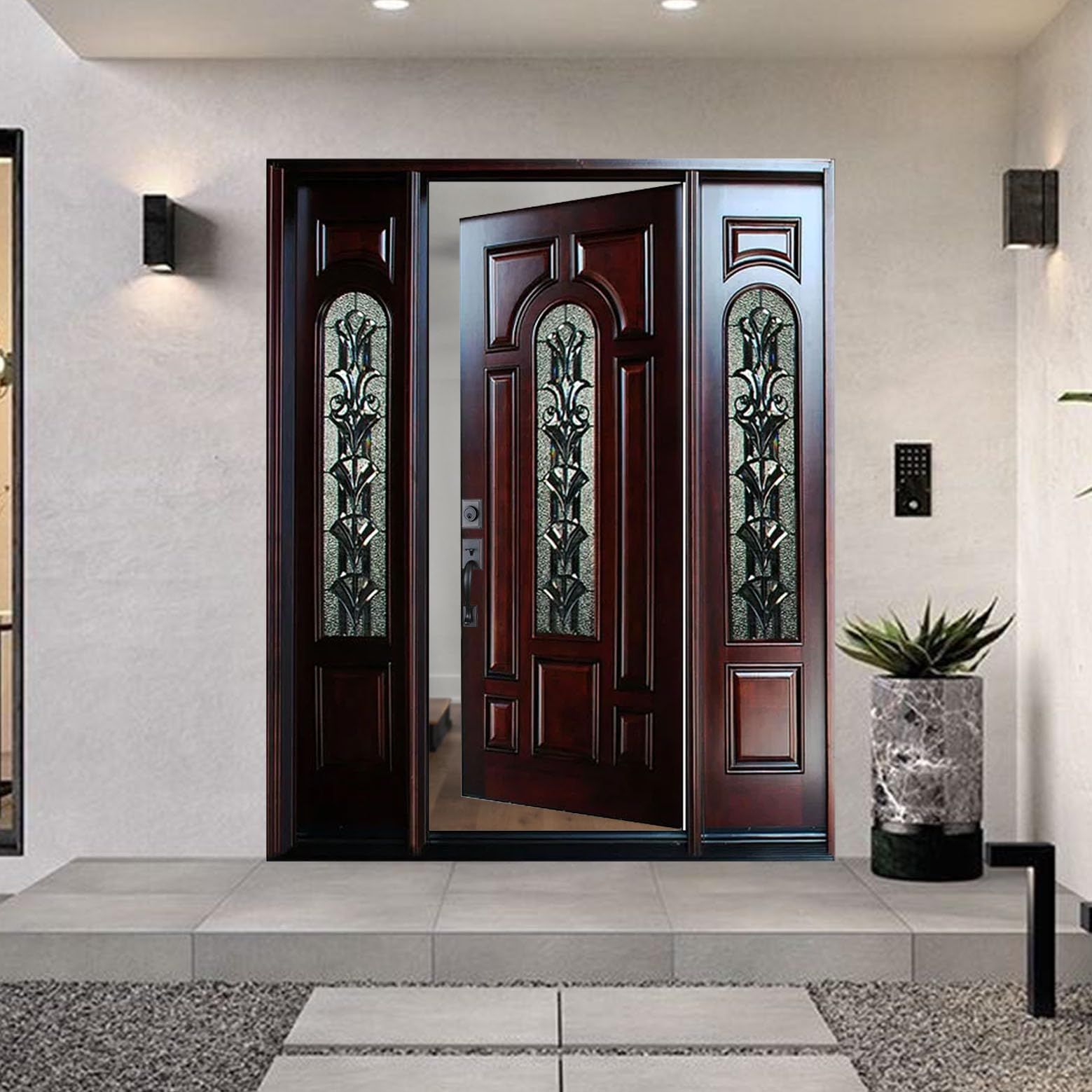 Dark wooden front door with sidelights; entry to a modern home.