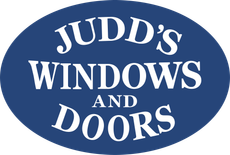Judd's Windows and Doors logo. White text on a blue oval background.