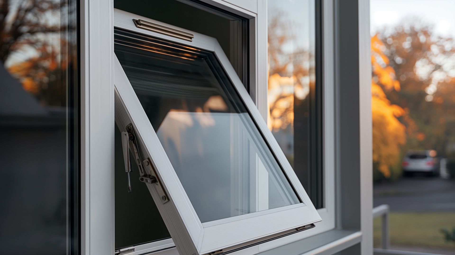 Open, white-framed window; partially open, angled upwards. Autumnal, blurred background with trees and sunlight.