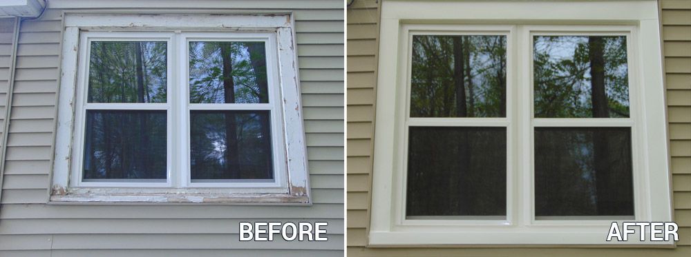 Before and after of a window replacement, showing a damaged window and a new, white framed window.