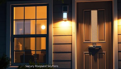 A house with two doors and two windows is lit up at night.