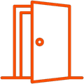 A line drawing of an open door with a knob on it.