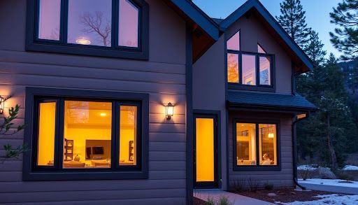 A house with a lot of windows is lit up at night.